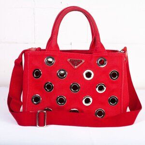 Authentic Red Prada Canvas Grommet Canapa Small Tote Bag